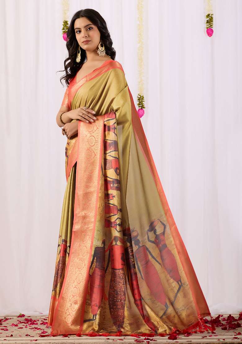 Mustard Printed Silk Blend Saree Set for Diwali and Festive Wear - Indya