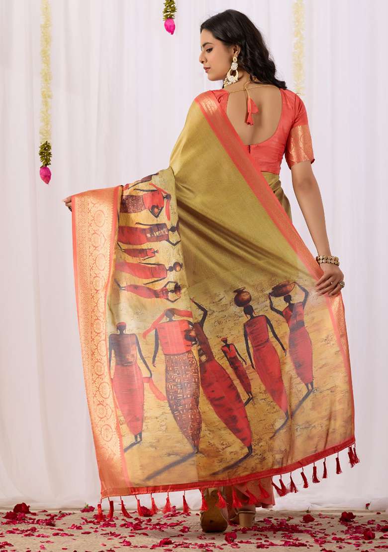 Mustard Printed Silk Blend Saree Set for Diwali and Festive Wear - Indya