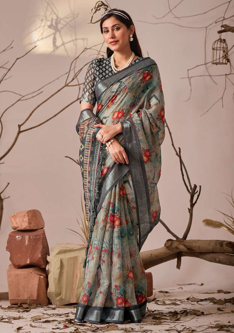 Grey Cotton Saree Set with Printed for Diwali | Wedding & Festive Wear - Indya