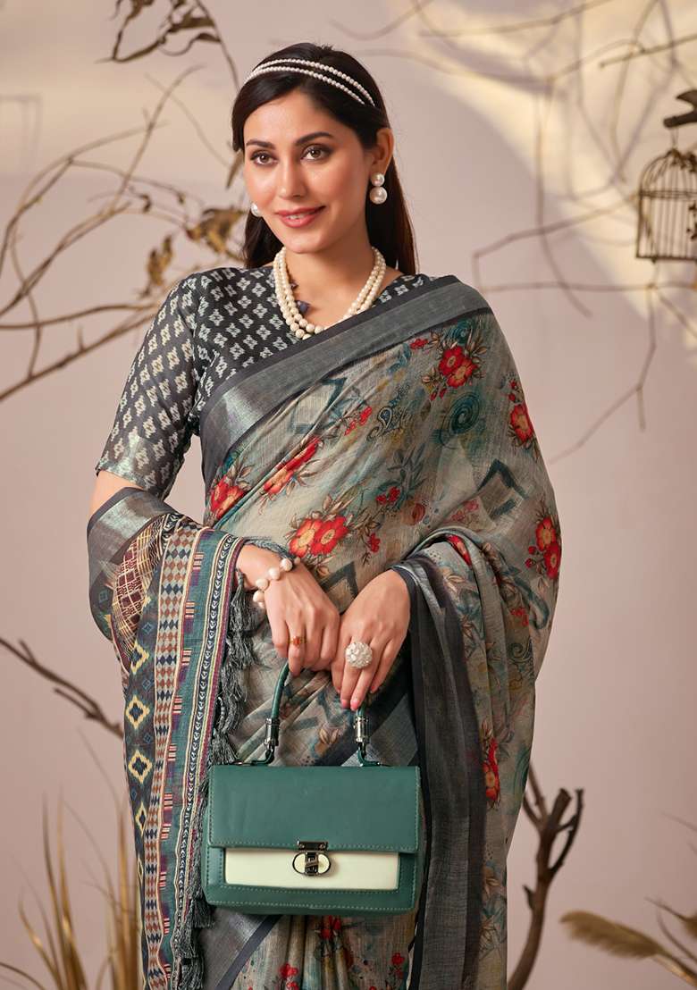 Grey Cotton Saree Set with Printed for Diwali | Wedding & Festive Wear - Indya