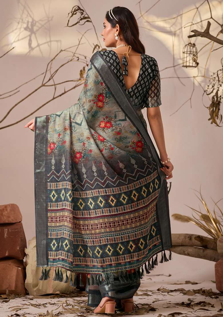 Grey Cotton Saree Set with Printed for Diwali | Wedding & Festive Wear - Indya