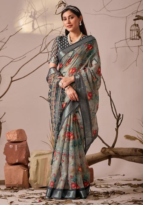Grey Printed Cotton Saree Set