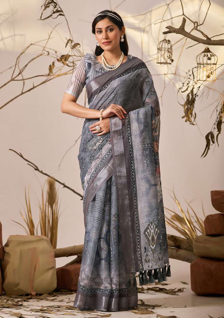 Grey Floral Print Cotton Saree Set for Diwali and Festive Wear - Indya