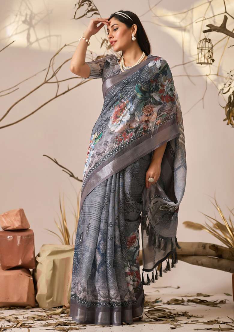 Grey Floral Print Cotton Saree Set for Diwali and Festive Wear - Indya