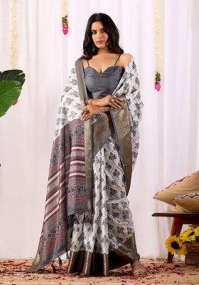 White Weaving Silk Saree Set