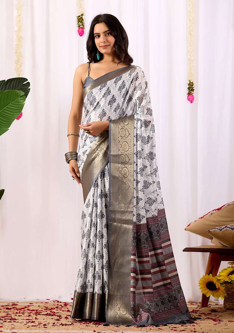 White Weaving Silk Blend Saree Set for Diwali | Wedding & Festive Wear - Indya