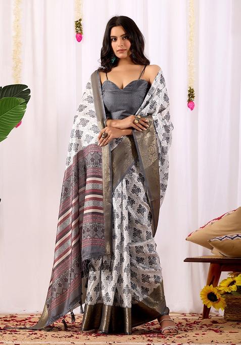 White Weaving Silk Saree Set