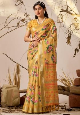 Yellow Floral Print Cotton Saree Set