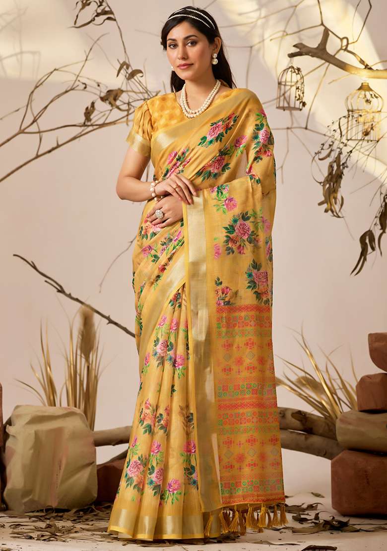 Yellow Floral Print Cotton Saree Set for Diwali and Festive Wear - Indya