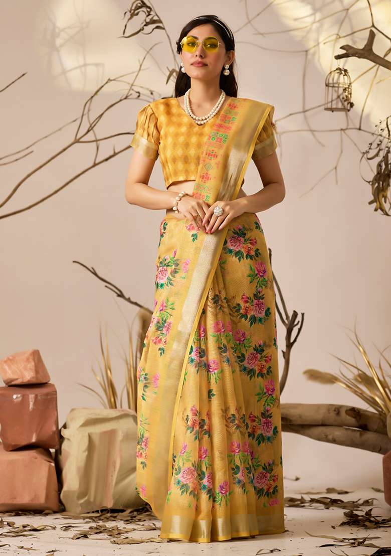 Yellow Floral Print Cotton Saree Set for Diwali and Festive Wear - Indya