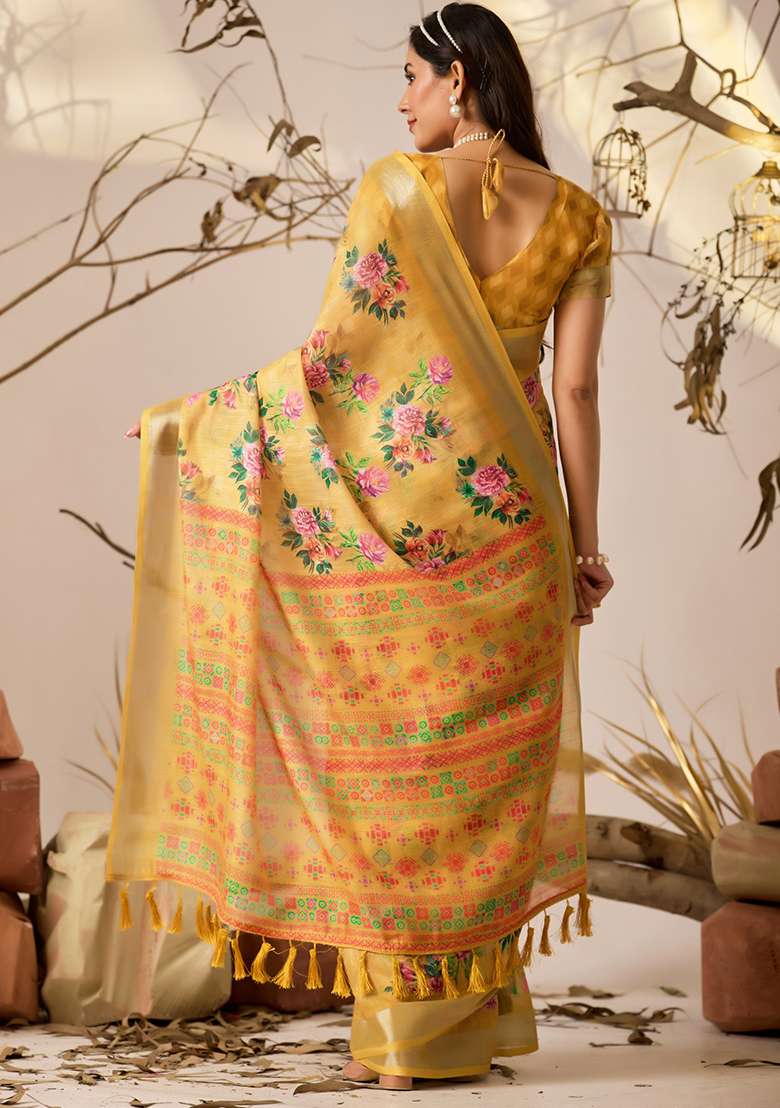 Yellow Floral Print Cotton Saree Set for Diwali and Festive Wear - Indya