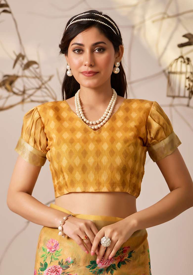 Yellow Floral Print Cotton Saree Set for Diwali and Festive Wear - Indya