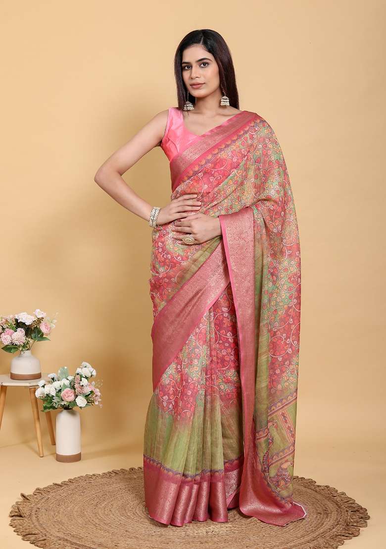 Pink Jacquard Cotton Saree Set for Diwali | Wedding & Festive Wear - Indya