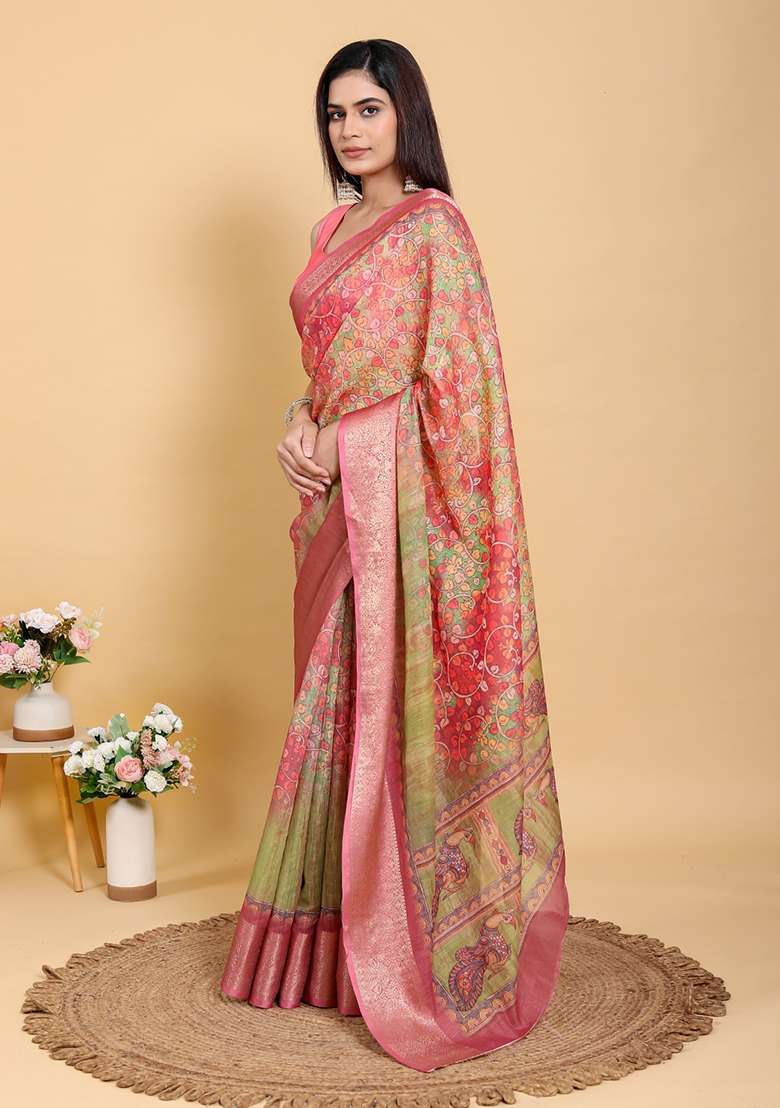 Pink Jacquard Cotton Saree Set for Diwali | Wedding & Festive Wear - Indya