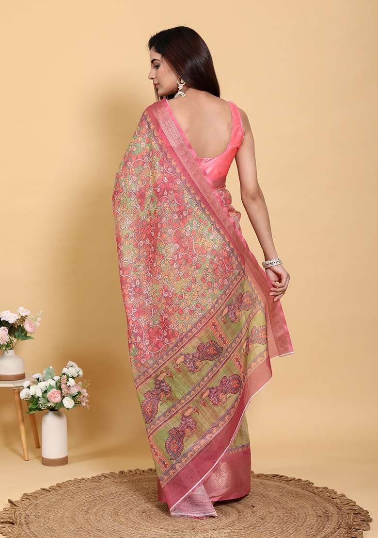 Pink Jacquard Cotton Saree Set for Diwali | Wedding & Festive Wear - Indya
