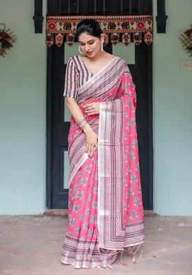 Pink Floral Print Cotton Saree Set