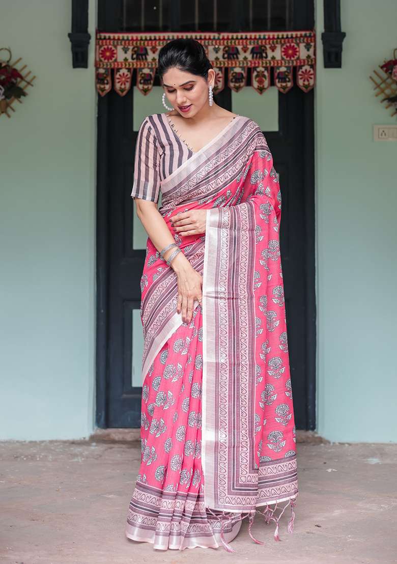 Pink Cotton Saree Set with Floral Print for Diwali | Wedding & Festive Wear - Indya