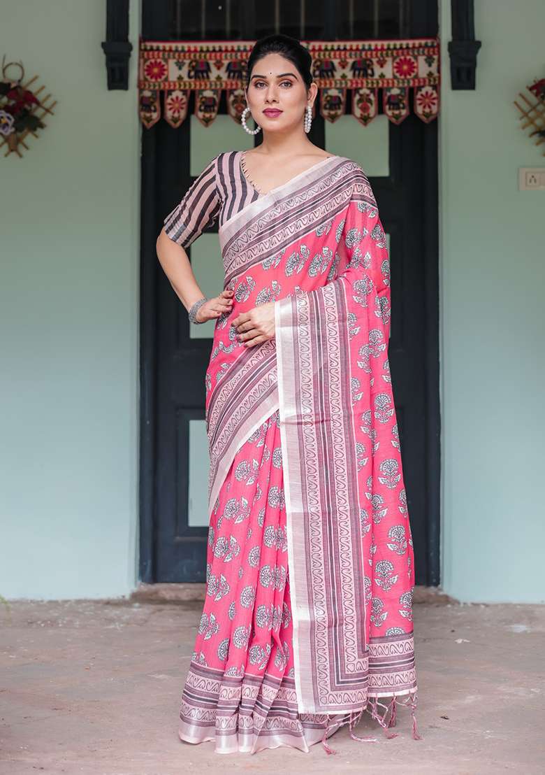 Pink Cotton Saree Set with Floral Print for Diwali | Wedding & Festive Wear - Indya