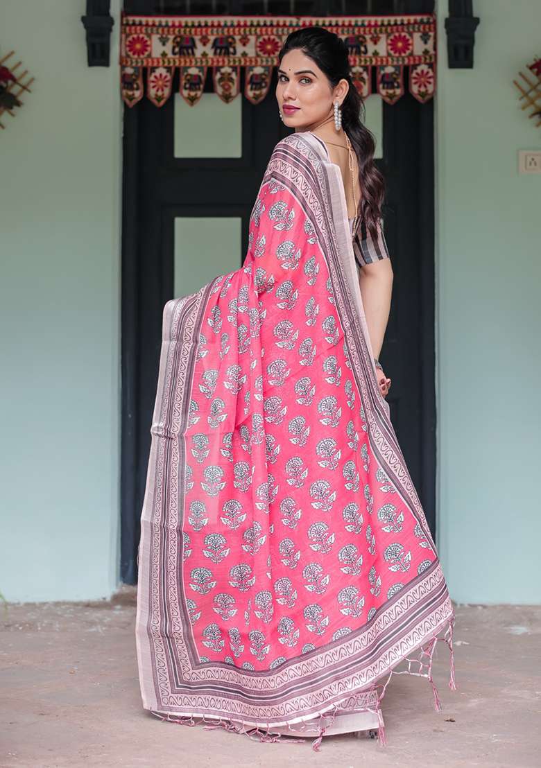 Pink Cotton Saree Set with Floral Print for Diwali | Wedding & Festive Wear - Indya