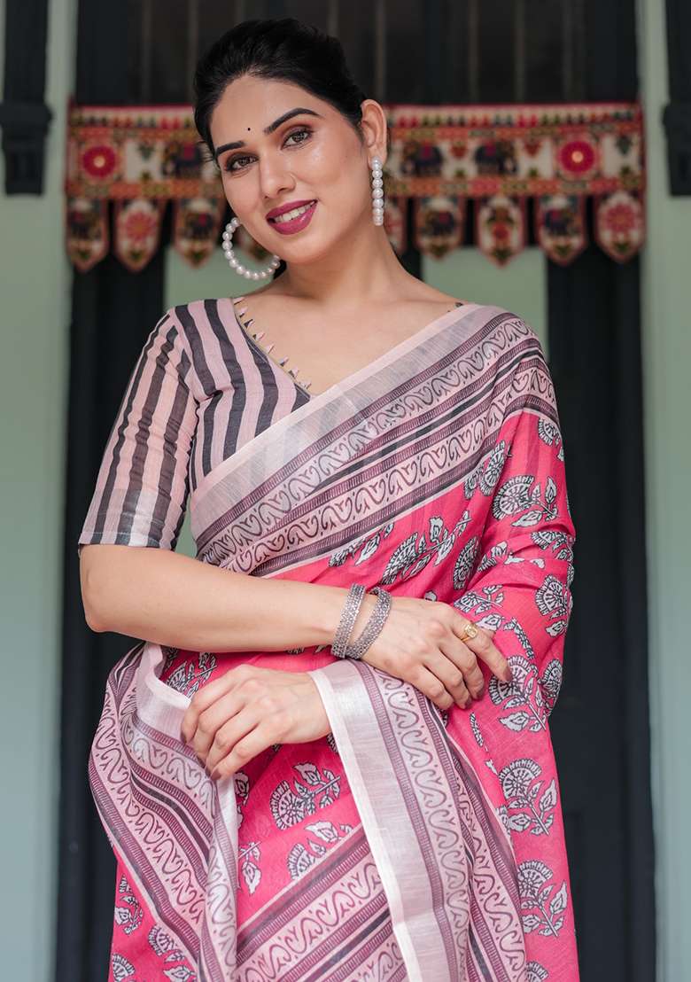 Pink Cotton Saree Set with Floral Print for Diwali | Wedding & Festive Wear - Indya