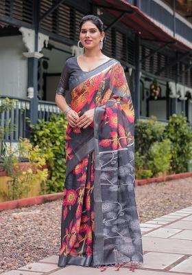 Pink Floral Print Cotton Saree Set