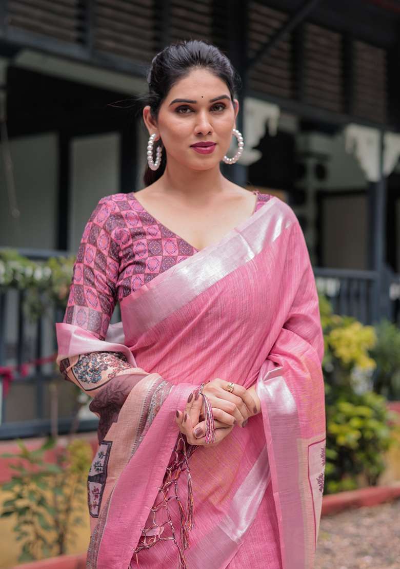 Pink Cotton Saree Set with Printed for Diwali | Wedding & Festive Wear - Indya