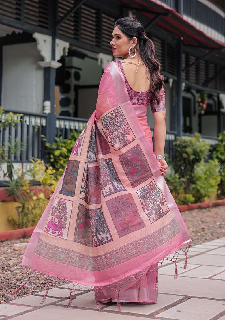 Pink Cotton Saree Set with Printed for Diwali | Wedding & Festive Wear - Indya