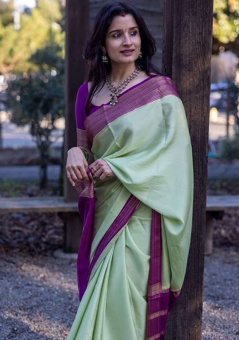 Mint Green Jacquard Silk Blend Saree Set for Diwali and Festive Wear - Indya