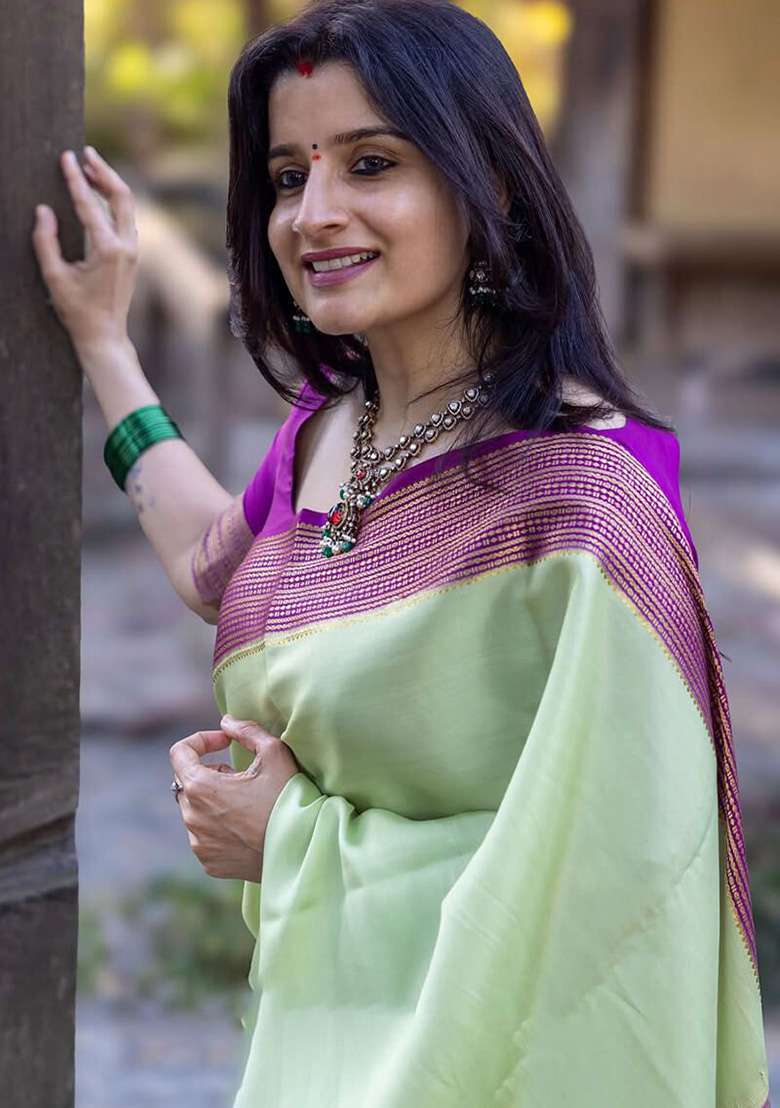 Mint Green Jacquard Silk Blend Saree Set for Diwali and Festive Wear - Indya