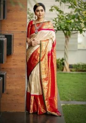 Cream Weaving Silk Blend Saree Set