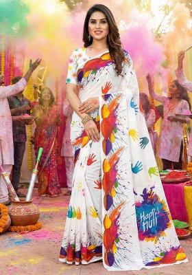 White Printed Linen Saree Set