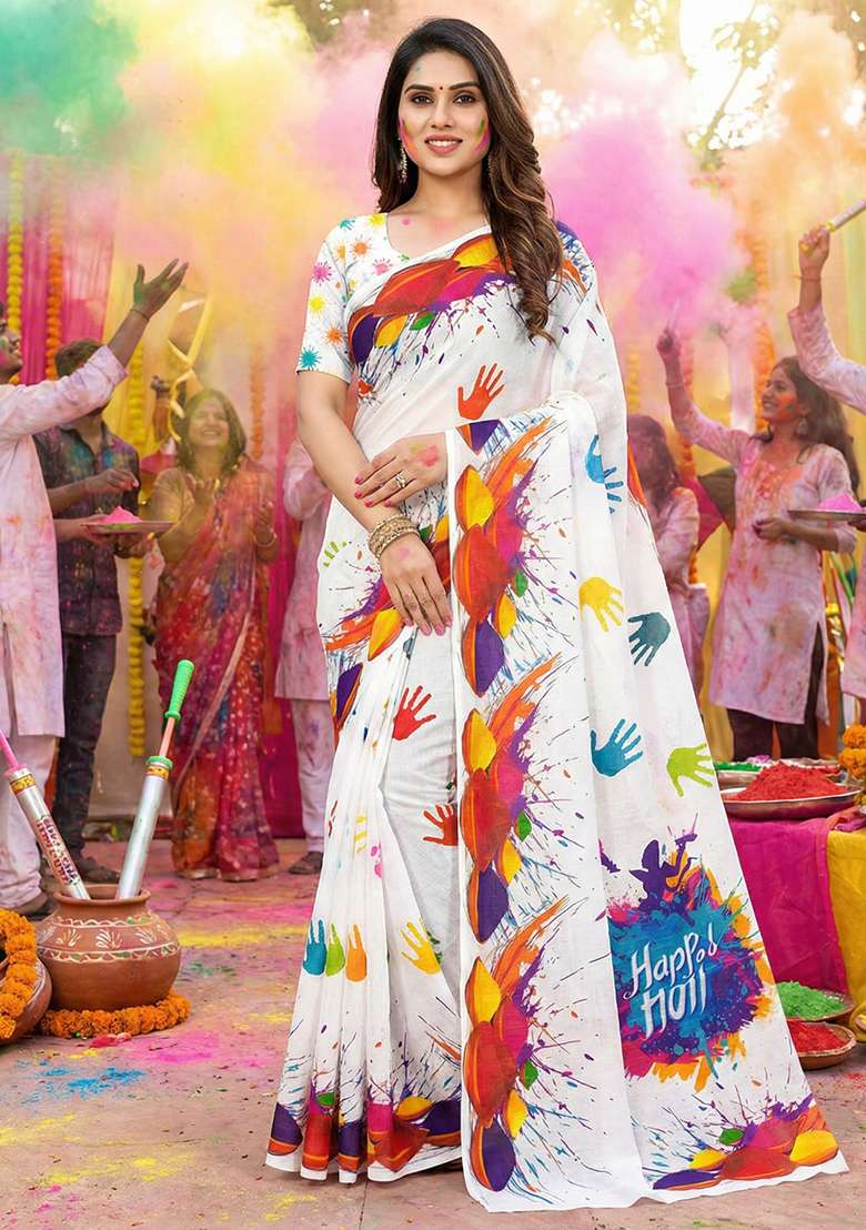 White Printed Linen Saree Set for Diwali and Festive Wear - Indya