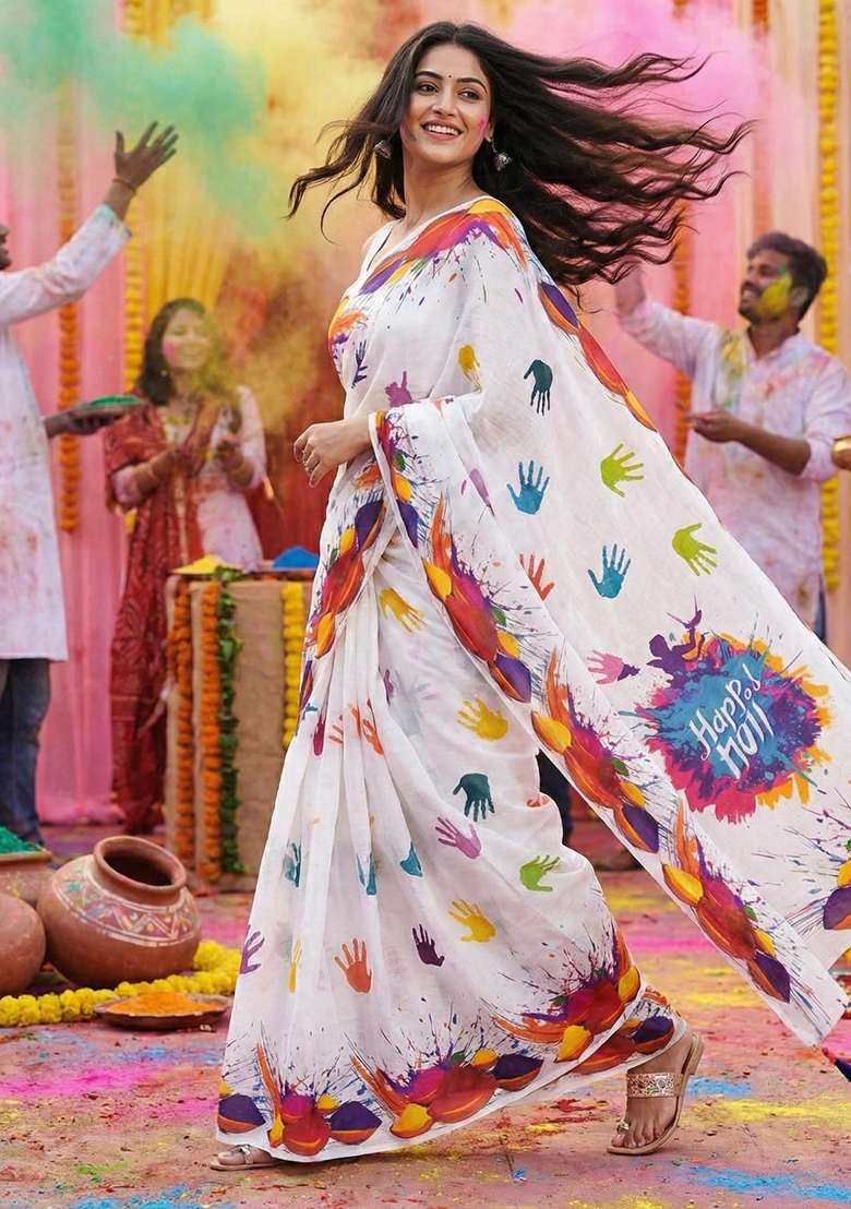 White Printed Linen Saree Set for Diwali and Festive Wear - Indya