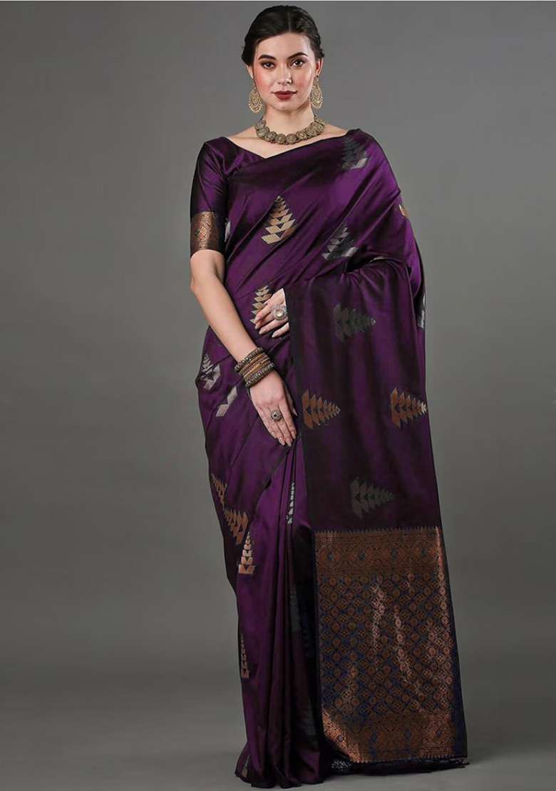 Wine Zari Work Silk Blend Saree Set - Indya