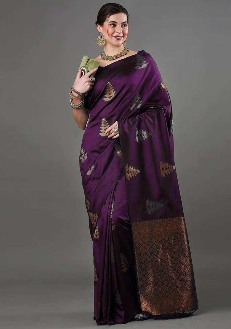 Wine Zari Work Silk Blend Saree Set - Indya