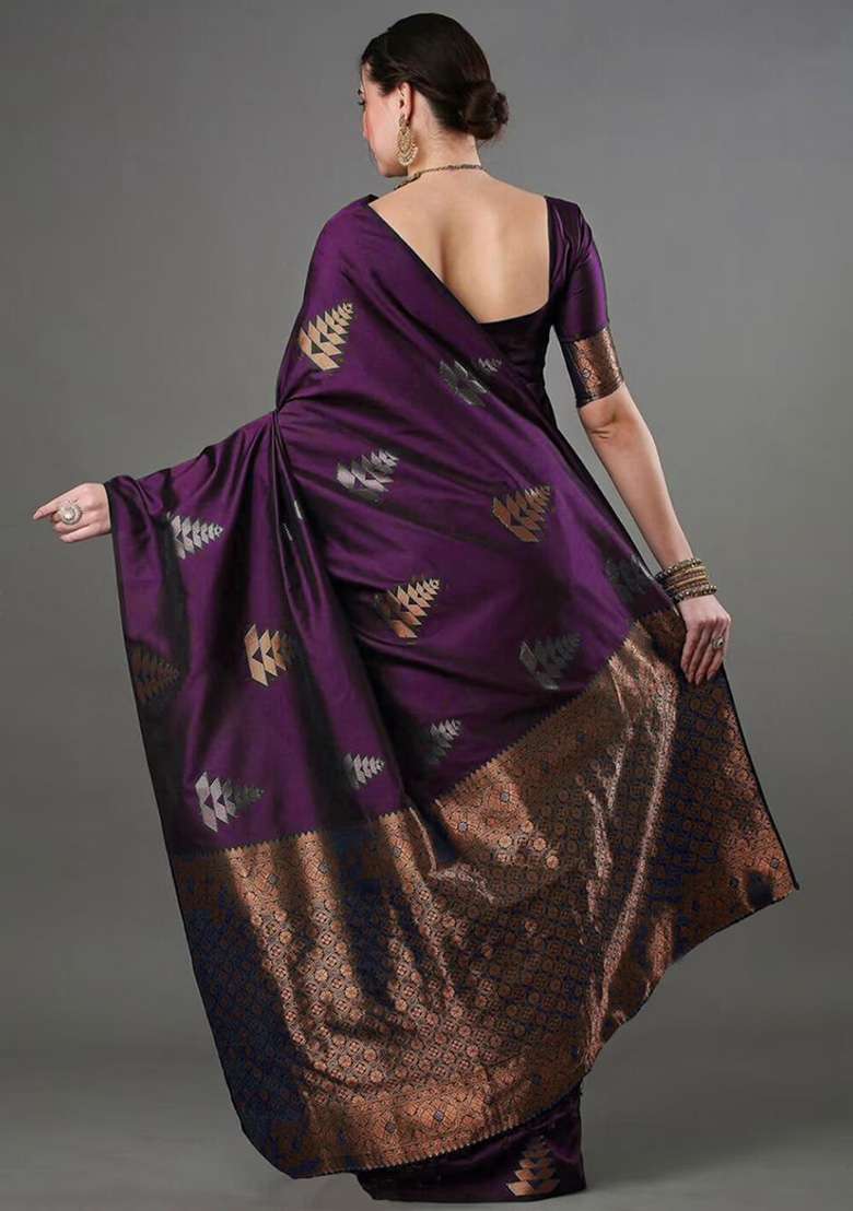 Wine Zari Work Silk Blend Saree Set - Indya