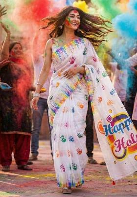 White Printed Linen Saree Set