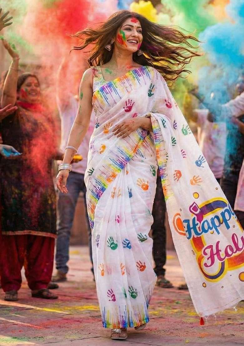 White Linen Saree Set with Printed for Diwali | Wedding & Festive Wear - Indya