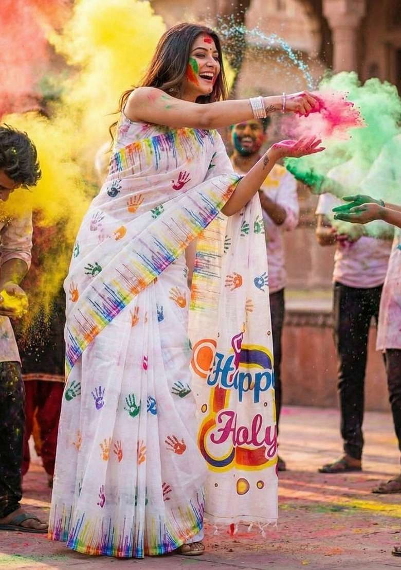 White Linen Saree Set with Printed for Diwali | Wedding & Festive Wear - Indya