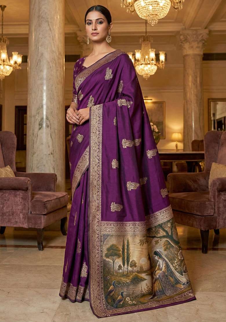Wine Zari Work Silk Blend Saree Set - Indya