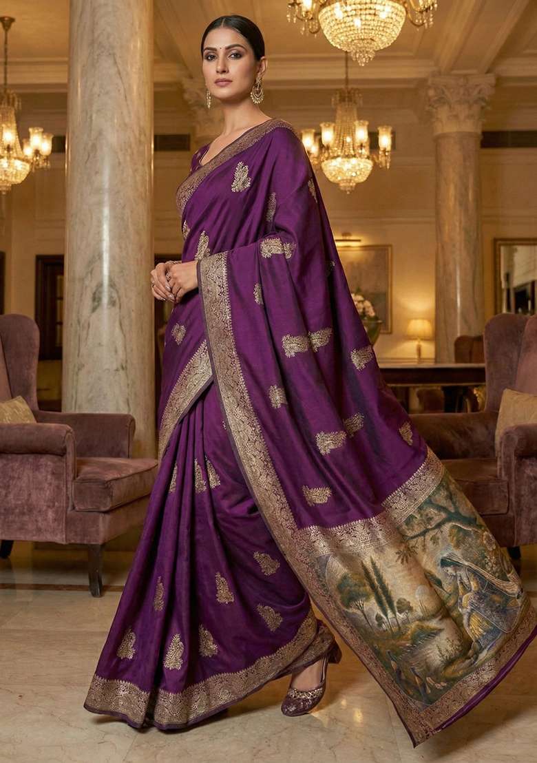 Wine Zari Work Silk Blend Saree Set - Indya