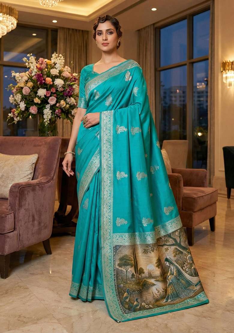 Sky Blue Zari Work Silk Blend Saree Set - Indya