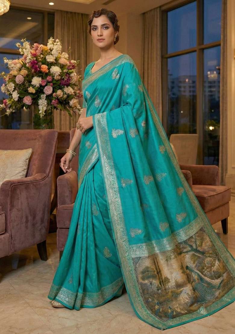 Sky Blue Zari Work Silk Blend Saree Set - Indya