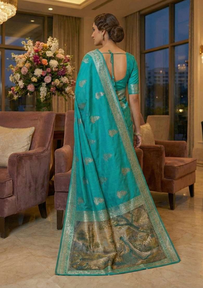 Sky Blue Zari Work Silk Blend Saree Set - Indya
