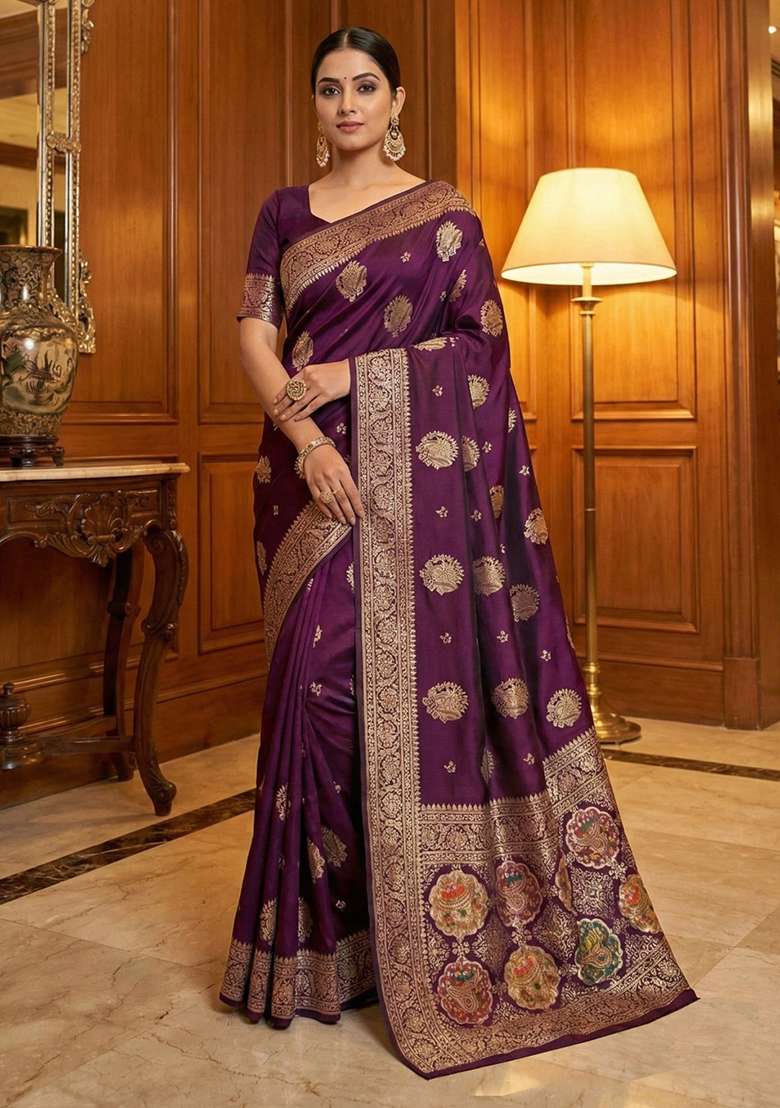 Wine Silk Blend Saree Set with Zari Work for Diwali | Wedding & Festive Wear - Indya