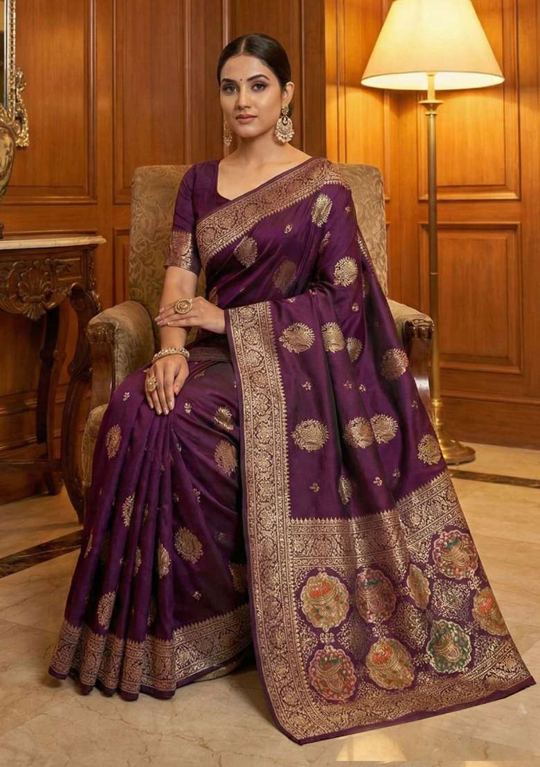 Wine Silk Blend Saree Set with Zari Work for Diwali | Wedding & Festive Wear - Indya