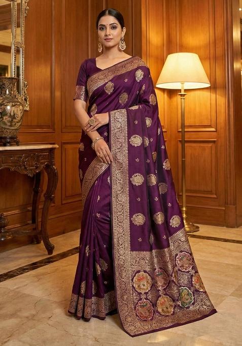 Wine Zari Work Silk Saree Set