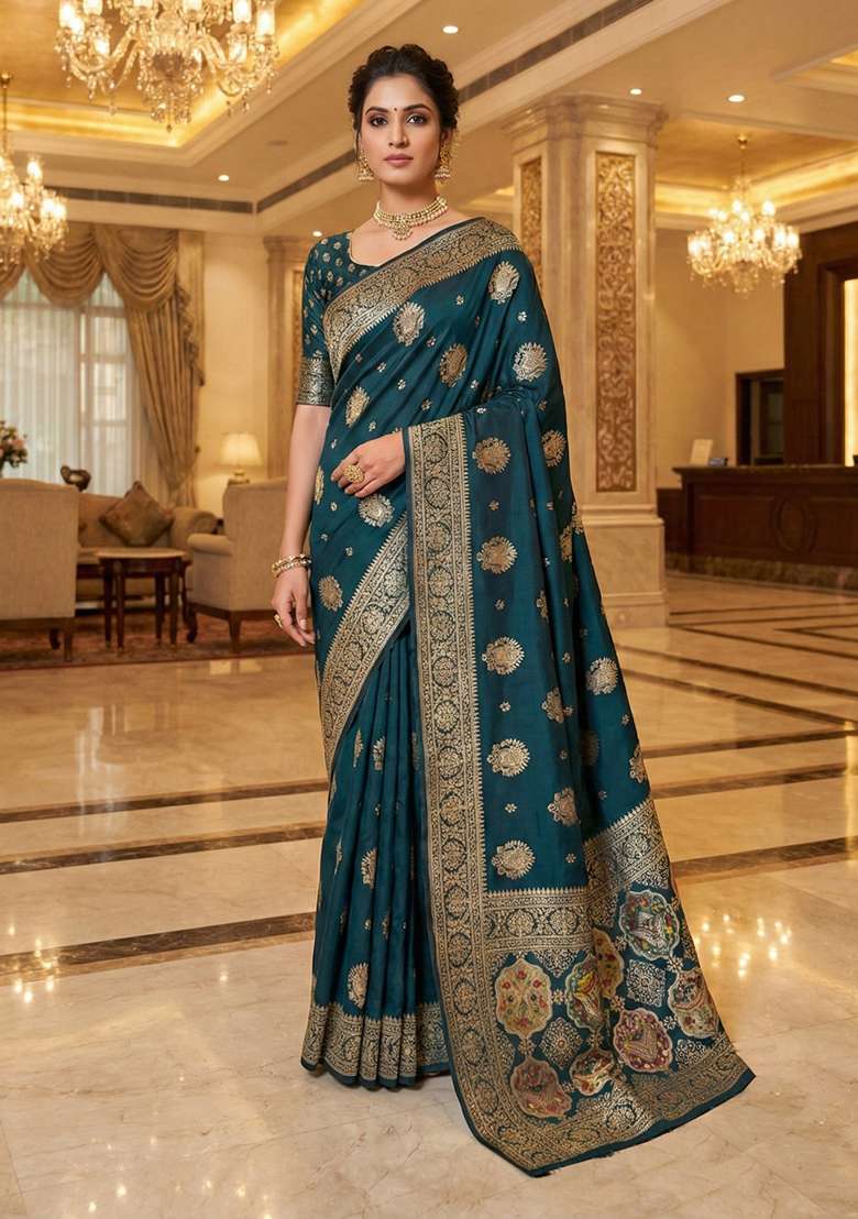 Teal Silk Blend Saree Set with Zari Work for Diwali | Wedding & Festive Wear - Indya