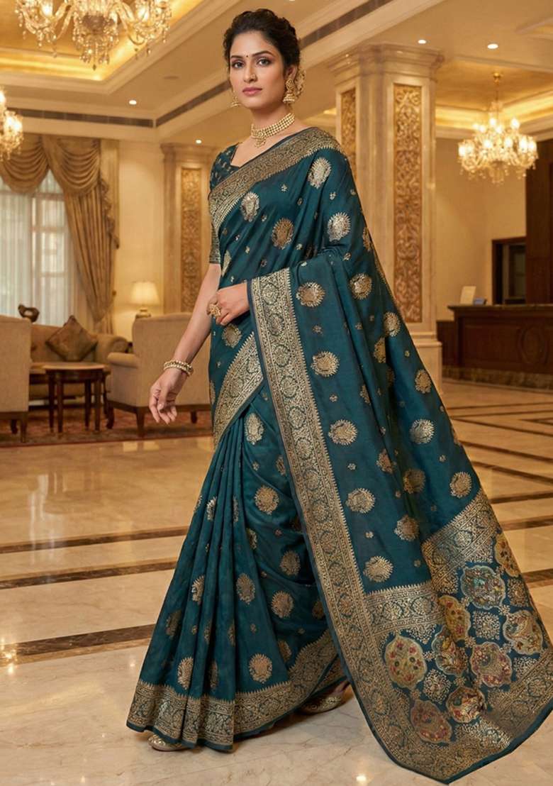 Teal Silk Blend Saree Set with Zari Work for Diwali | Wedding & Festive Wear - Indya