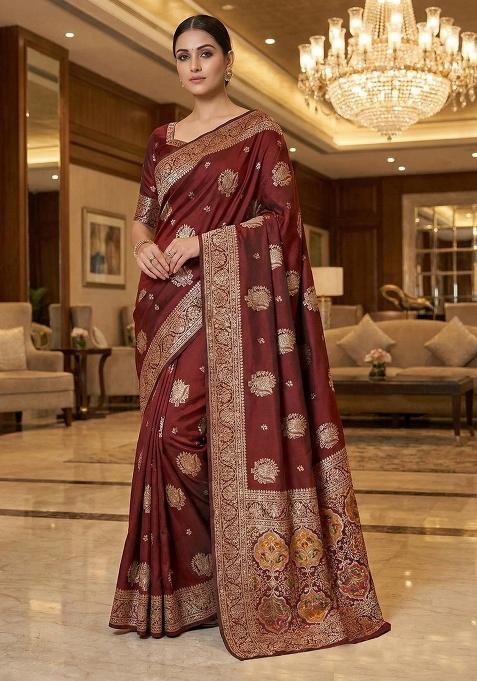 Rust Zari Work Silk Saree Set